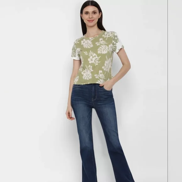 American Eagle Womens Large Floral T-Shirt Green White Hawaiian Tropical Top Tee - Picture 2 of 9